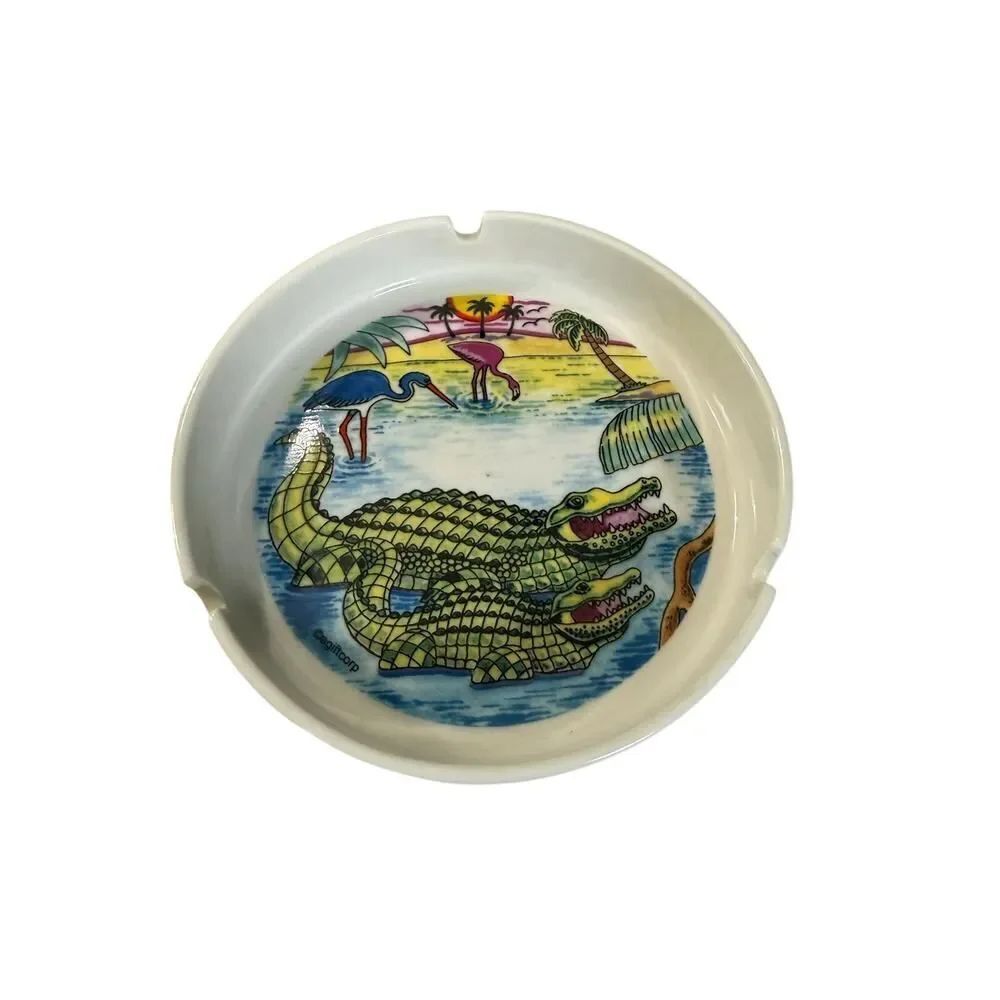 Florida alligator flamingo and blue heron ashtray souvenir 5”